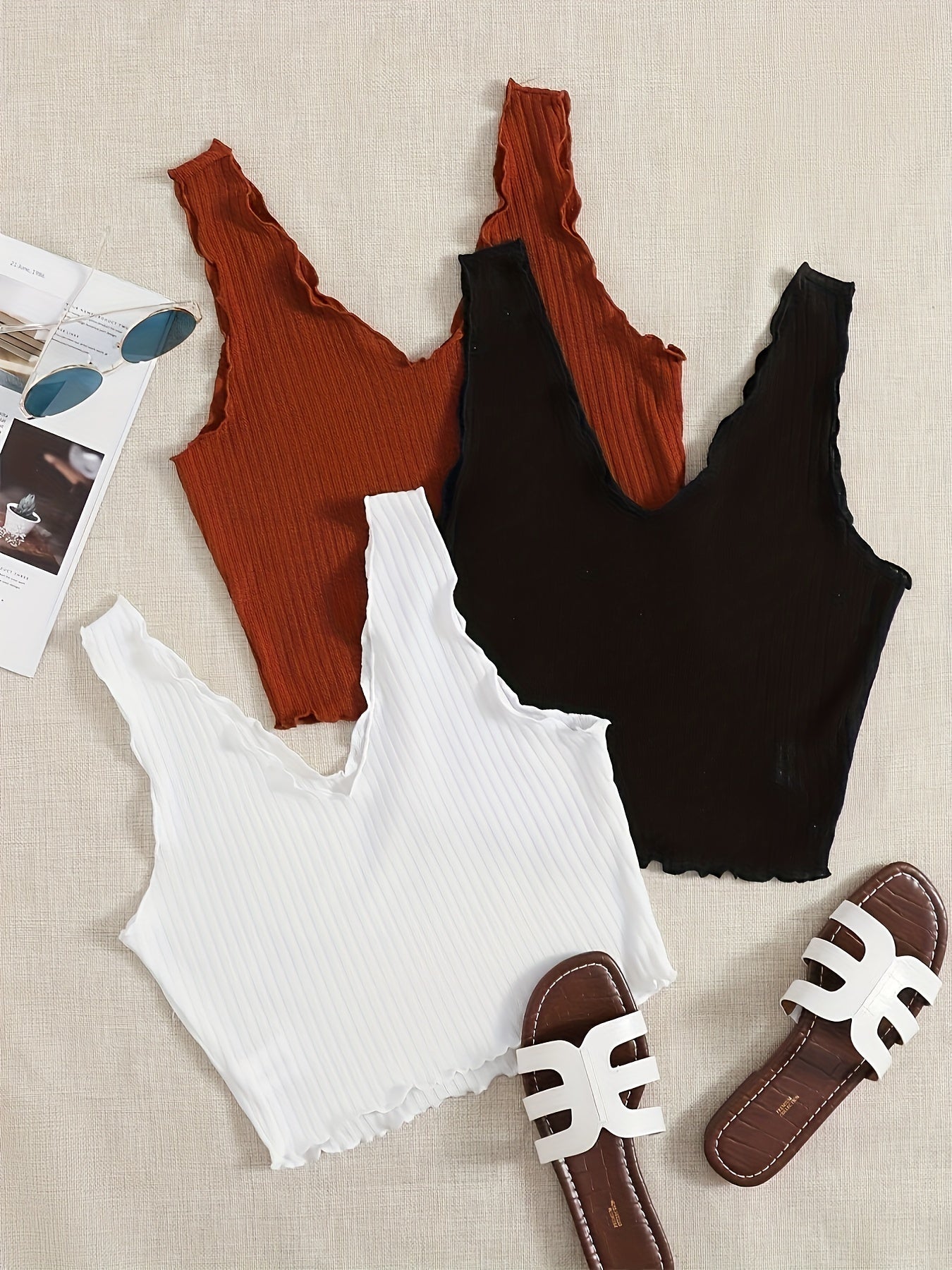 Ruffle Trim Tank Top Set Casual Summer Sleeveless Women's Clothing