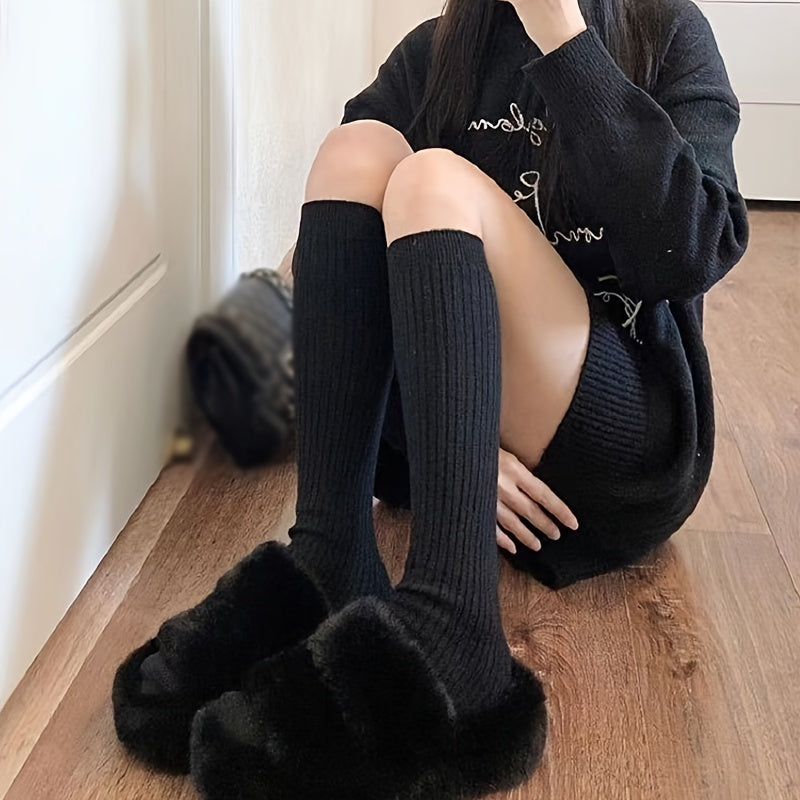 2 Pairs Solid Knee High Socks Women's Stockings
