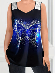  Glitter Butterfly Print Lace Strap Tank Top
