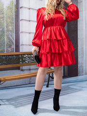  Solid Lantern Sleeve Ruffle Trim Dress