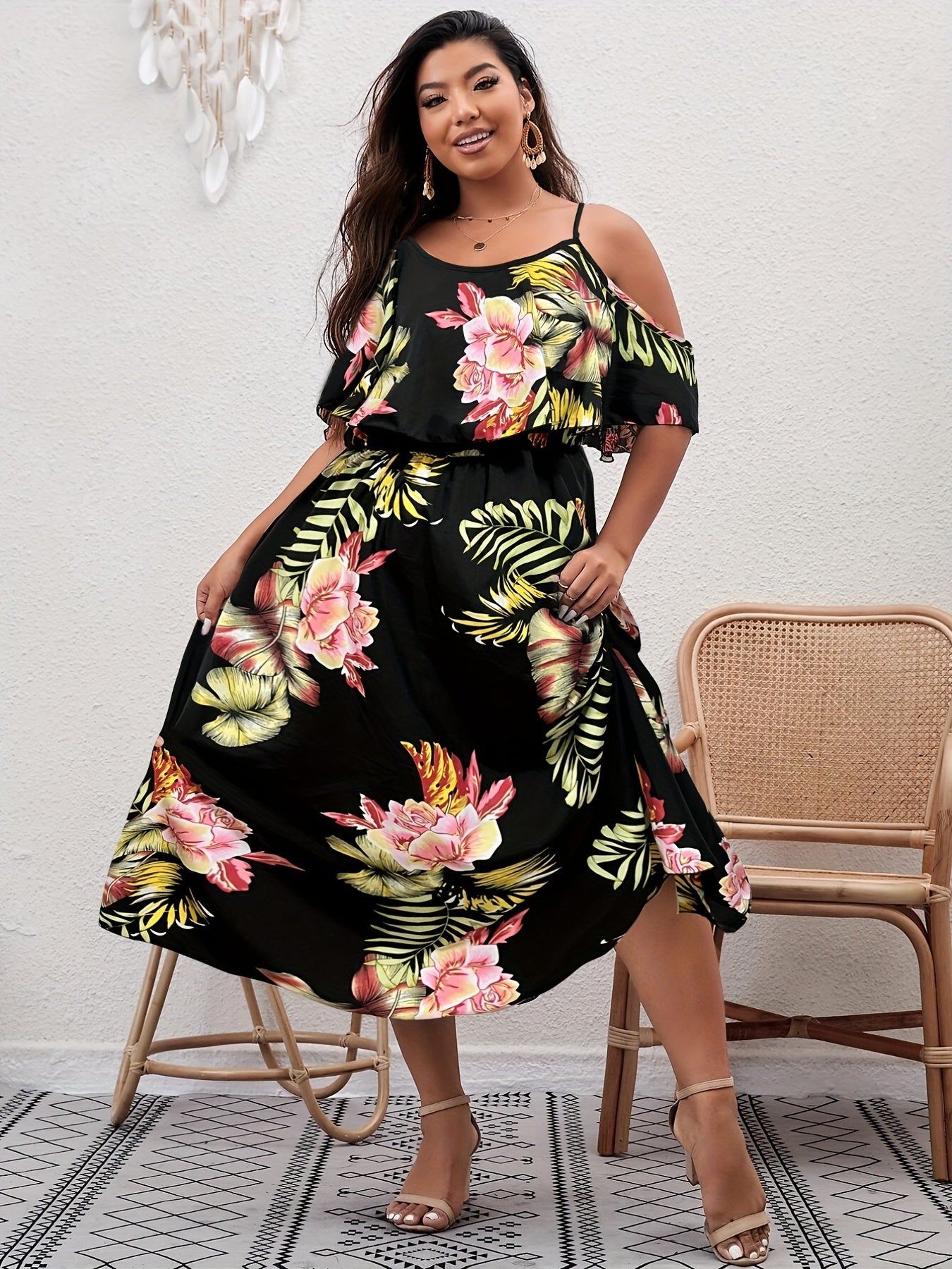  Floral Print Cold Shoulder Ruffle Dress