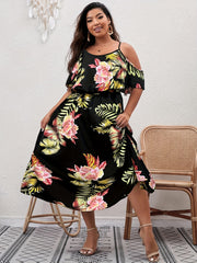  Floral Print Cold Shoulder Ruffle Dress