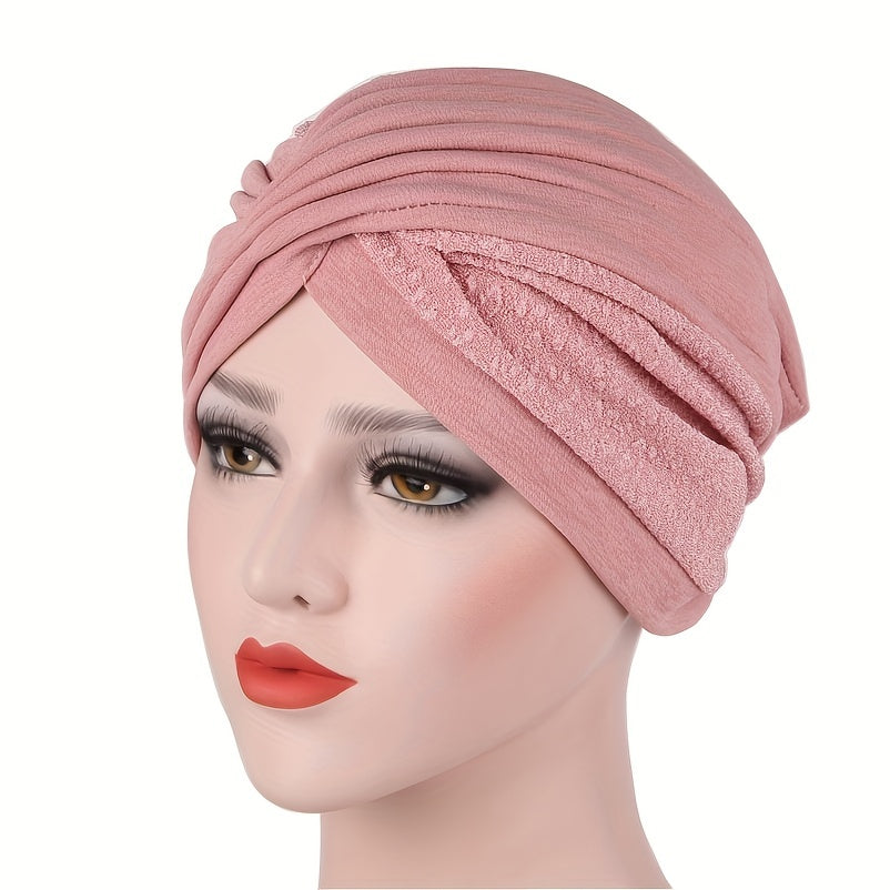 Block Stitching Turban Cap Lace Pleated Head Wrap