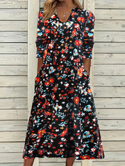 Floral Print Long Sleeve Notched Neck Plus Size Casual Dress