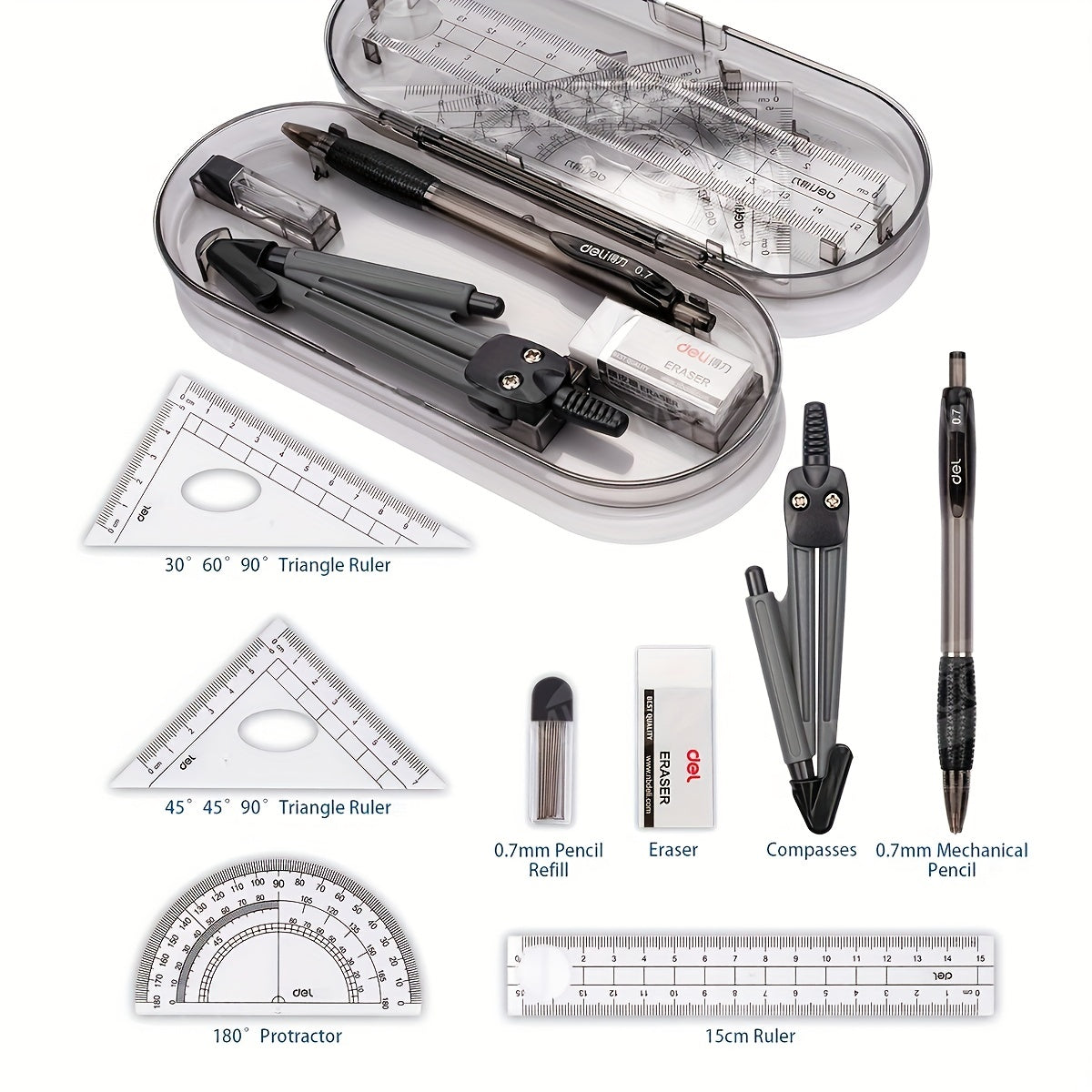 8pcs Compass Ruler Set + 0.7mm Mechanical Pencil