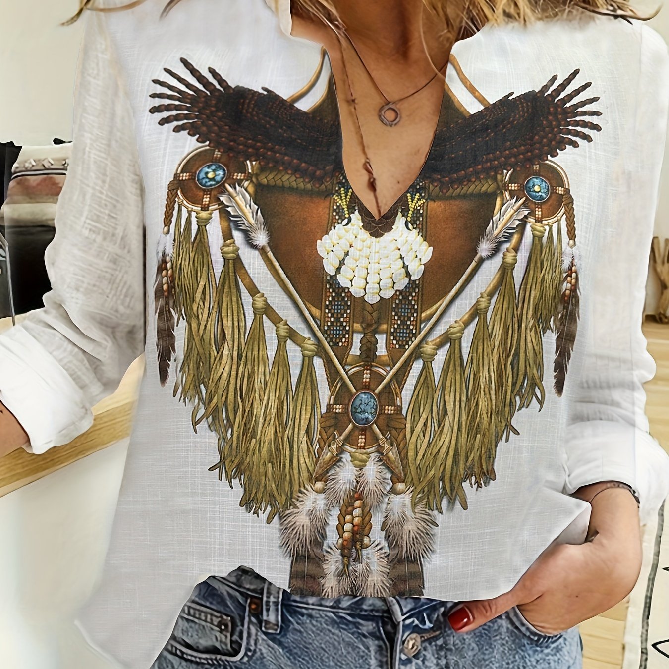  Boho Blouse Women's Plus Tribal Print Long Sleeve Shirt
