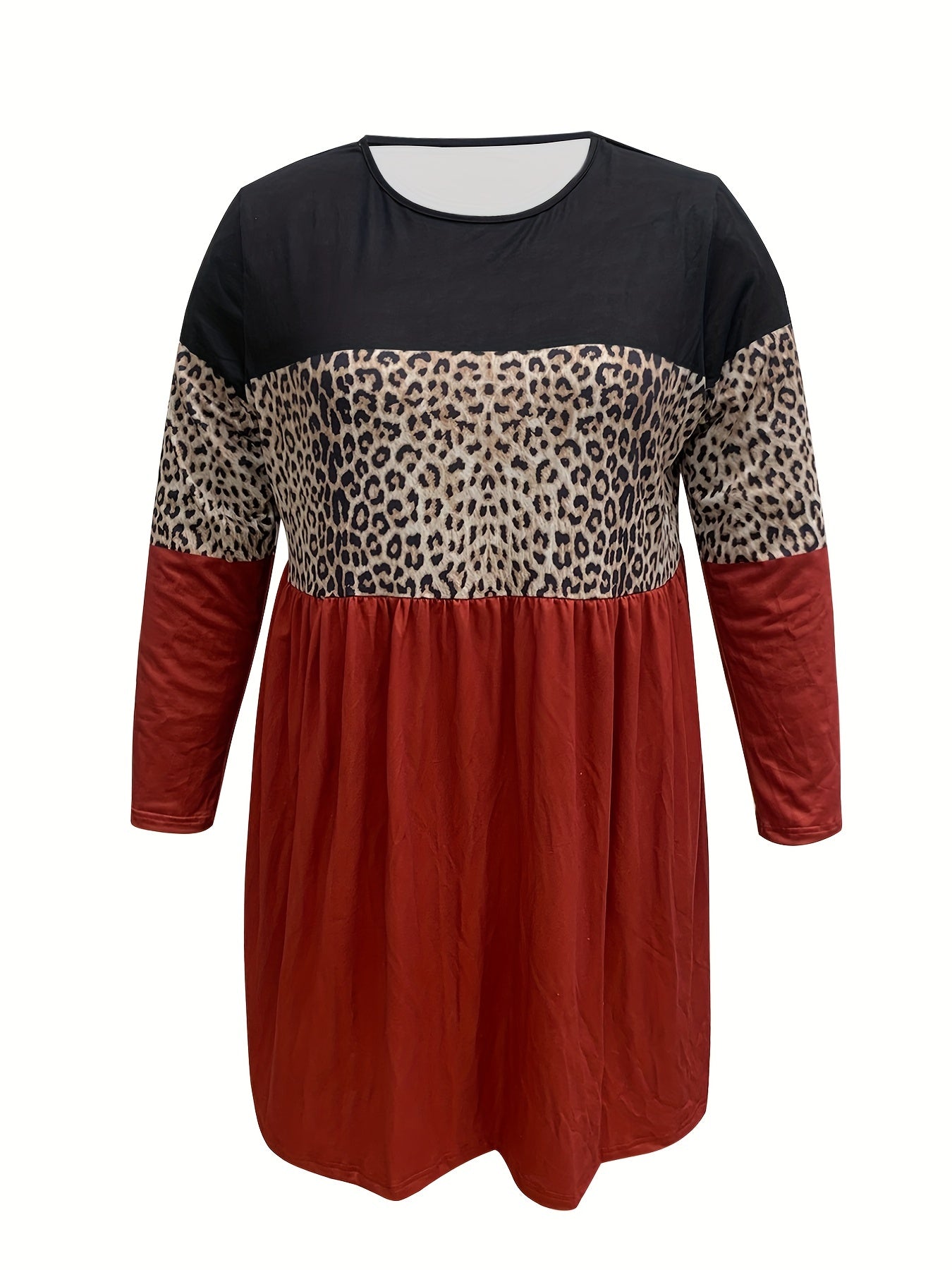  Colorblock Leopard Print Long Sleeve Dress