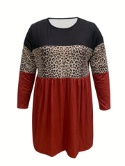  Colorblock Leopard Print Long Sleeve Dress
