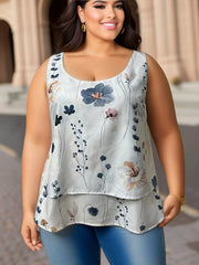 Floral Print Plus Size Tank Top, Round Neck, Medium Stretch