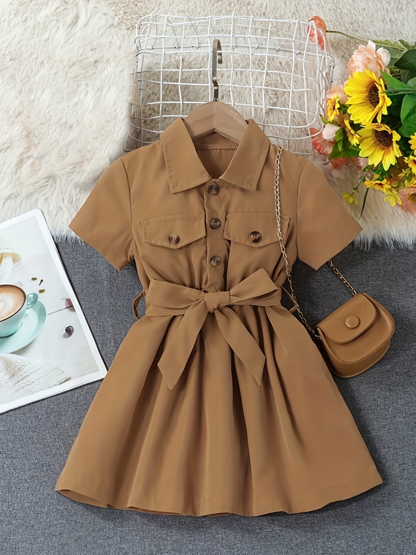 Girls' Button Down Belted Dress Kids Clothing