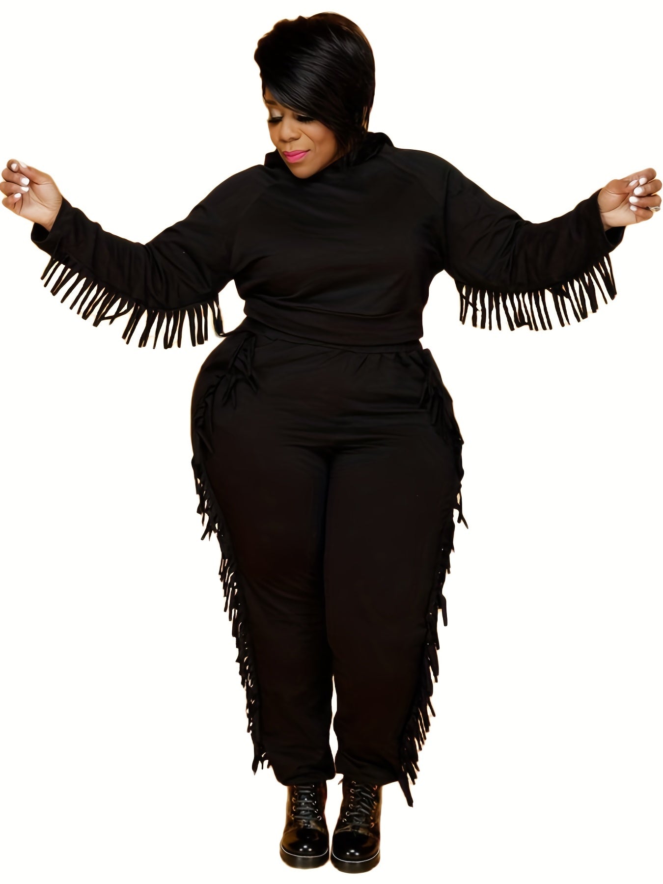  Fringe Trim Hoodie Sweatshirt & Pants Set