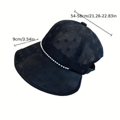 Plaid Mesh Sun Hat UV Protection Bucket Hat Faux Pearl Chain Decor
