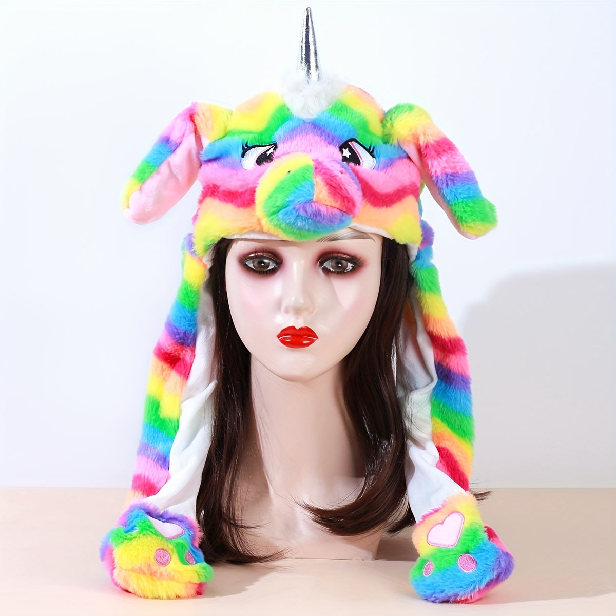 Colorful Unicorn Cartoon Hoodie Hat Warm Hooded Scarf Animal Ear Plush Hat Glove