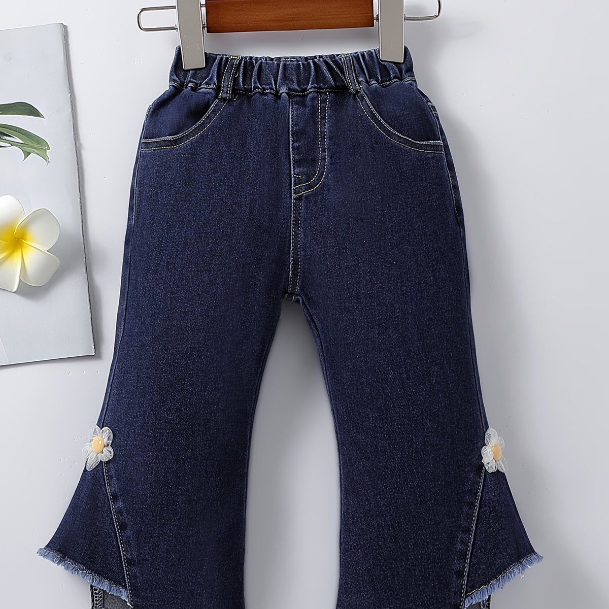 Girls Winter Flared Denim Jeans with Flower and Elastic Waist