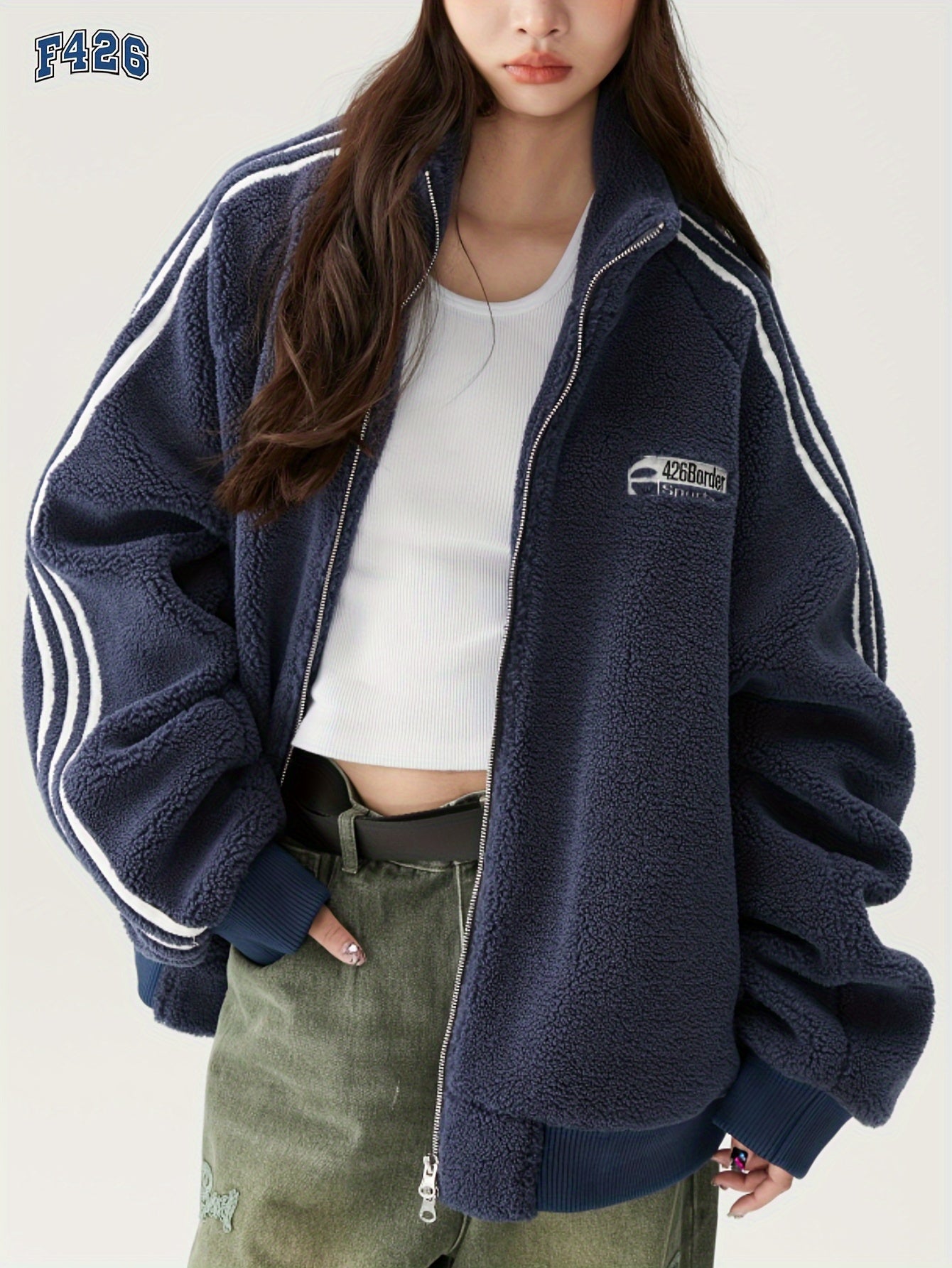 Graphic Stand up Collar Teddy Coat Zip Front Jacket