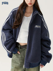 Graphic Stand up Collar Teddy Coat Zip Front Jacket