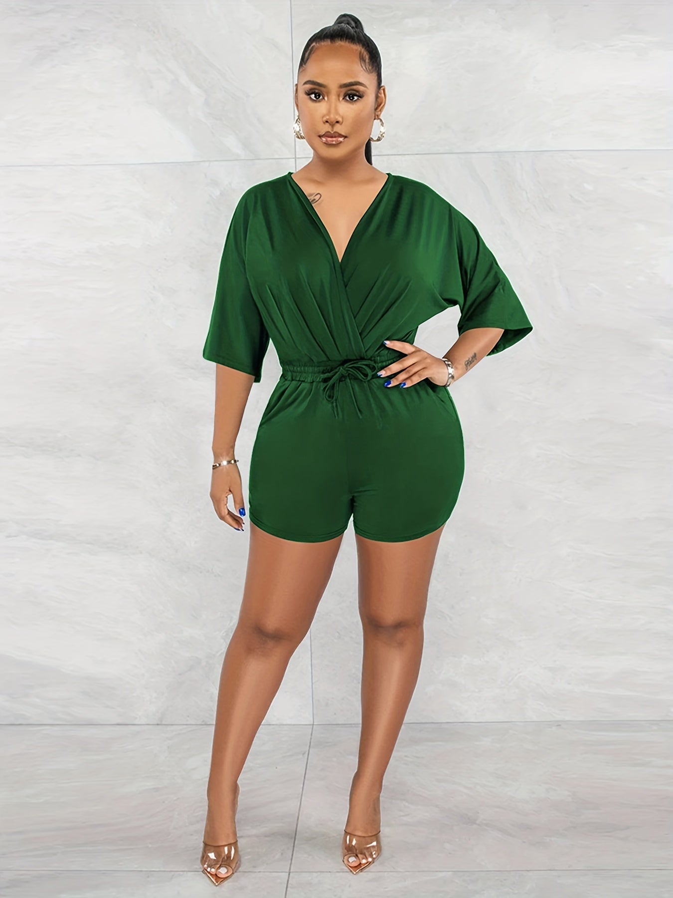 Drawstring Waist Romper Jumpsuit V-Neck Casual Short Sleeve