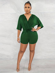 Drawstring Waist Romper Jumpsuit V-Neck Casual Short Sleeve