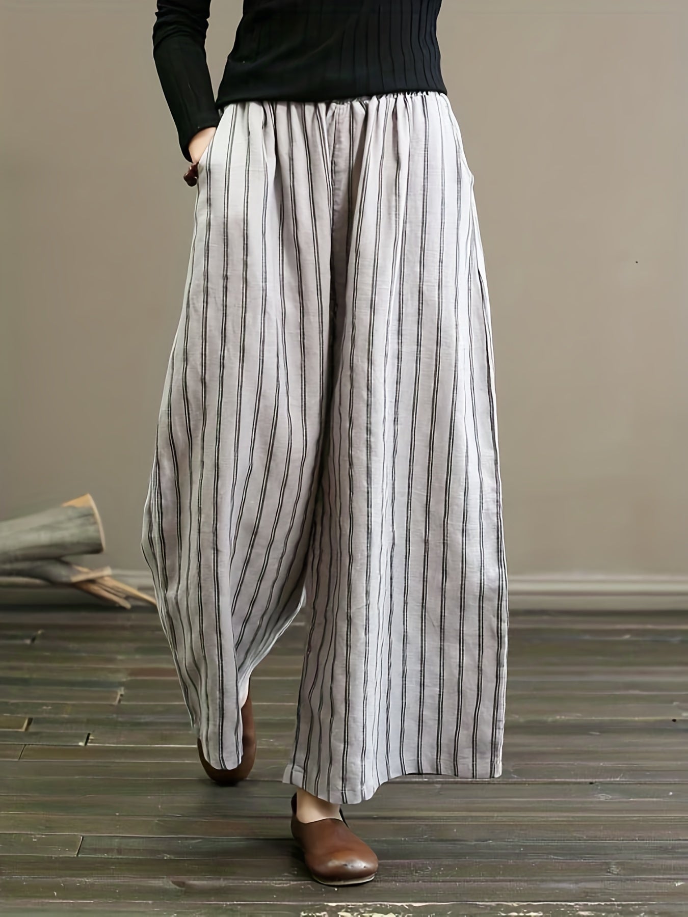  Wide Leg Trousers Stripe Print Elastic Pockets