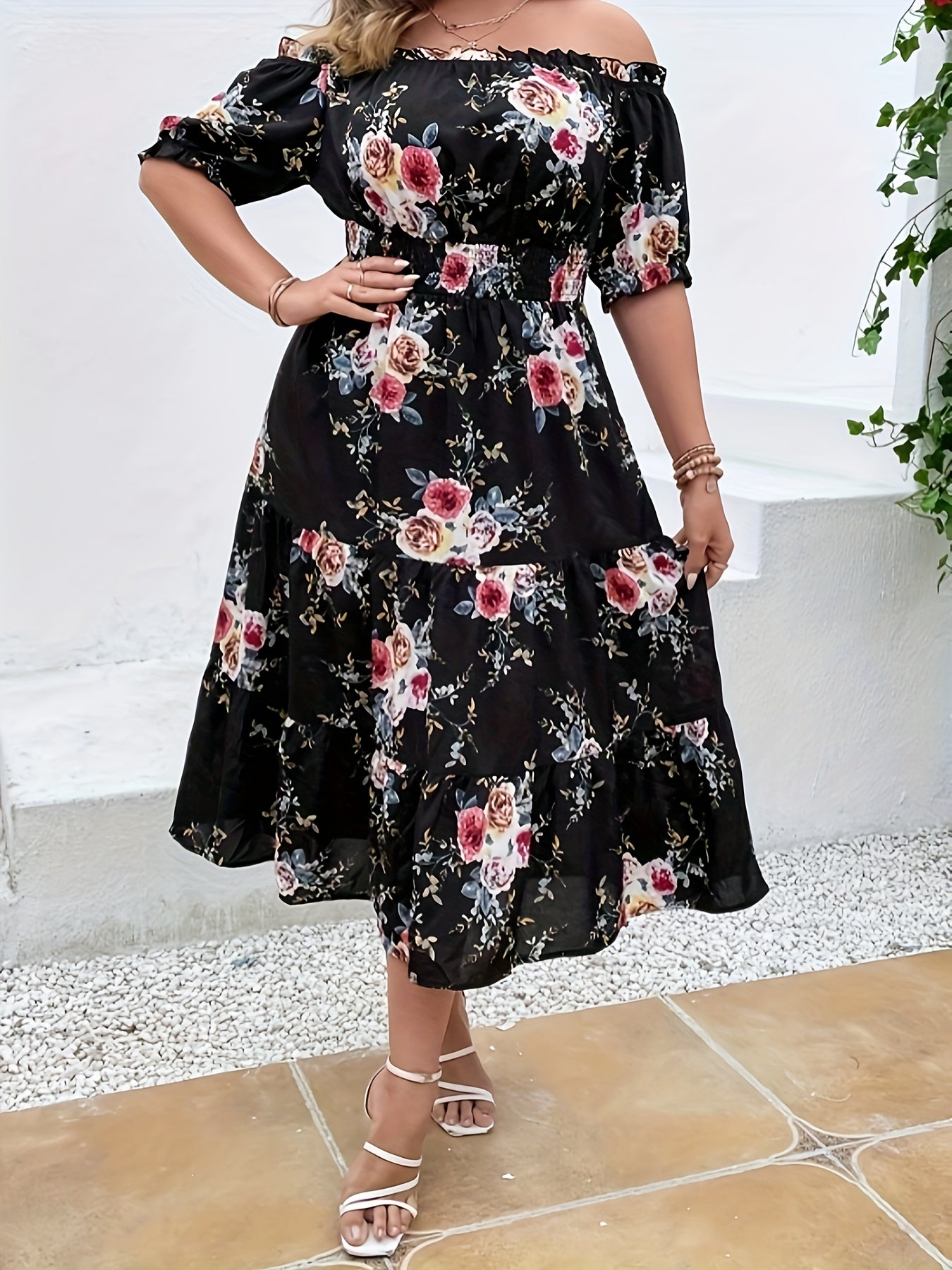  Floral Print Off Shoulder Dress