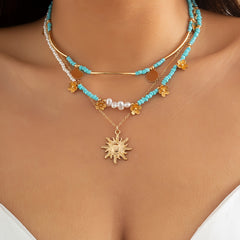 Boho Sun Flower Beaded 3pcs Necklace Set Vintage Fine Jewelry