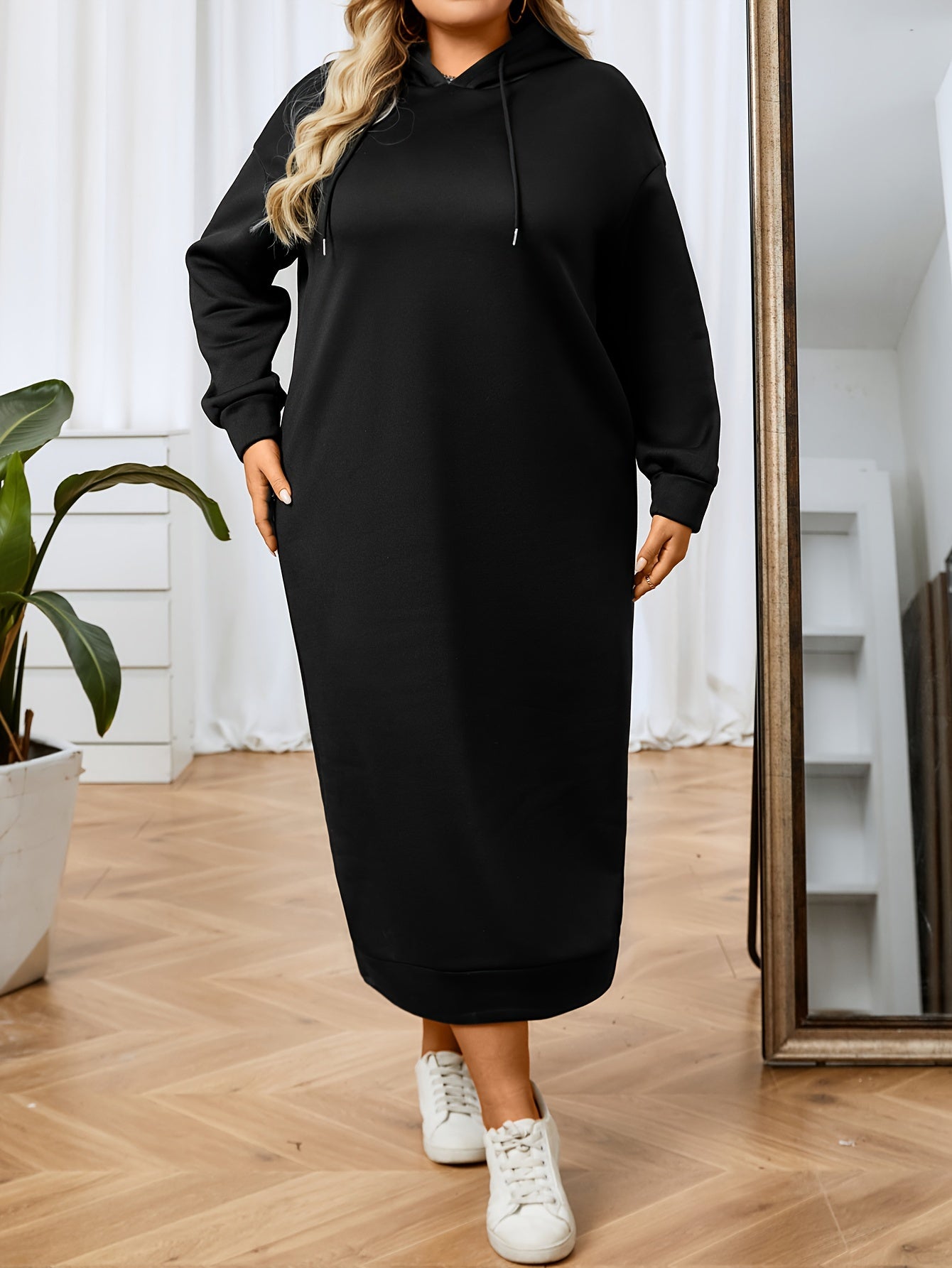  Casual Dress Women's Plus Solid Long Sleeve Hooded Sweatshirt Dress