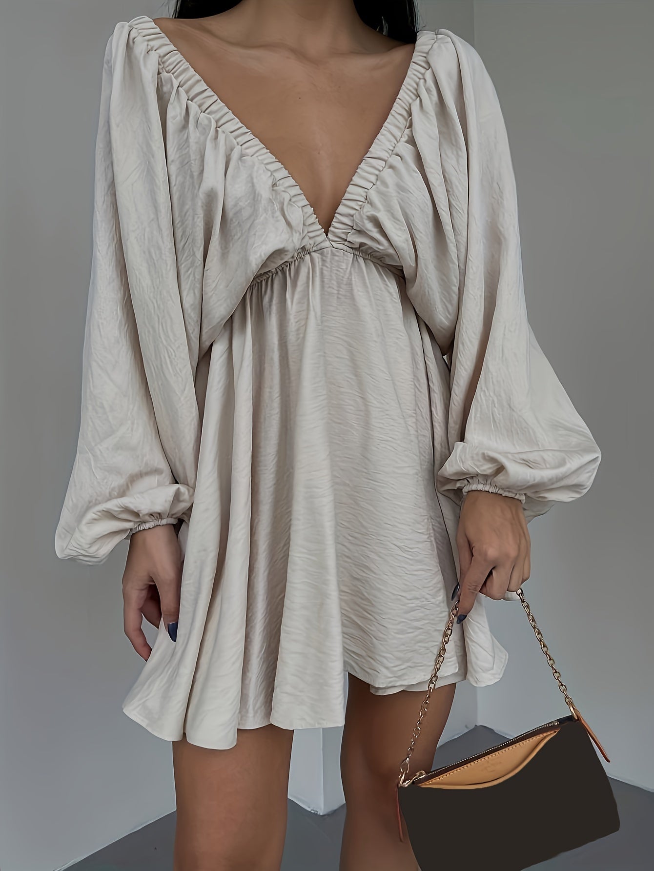  Sexy Dress Women's Plus Solid Lantern Sleeve V Neck Mini Dress