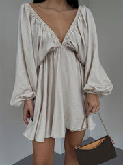  Sexy Dress Women's Plus Solid Lantern Sleeve V Neck Mini Dress