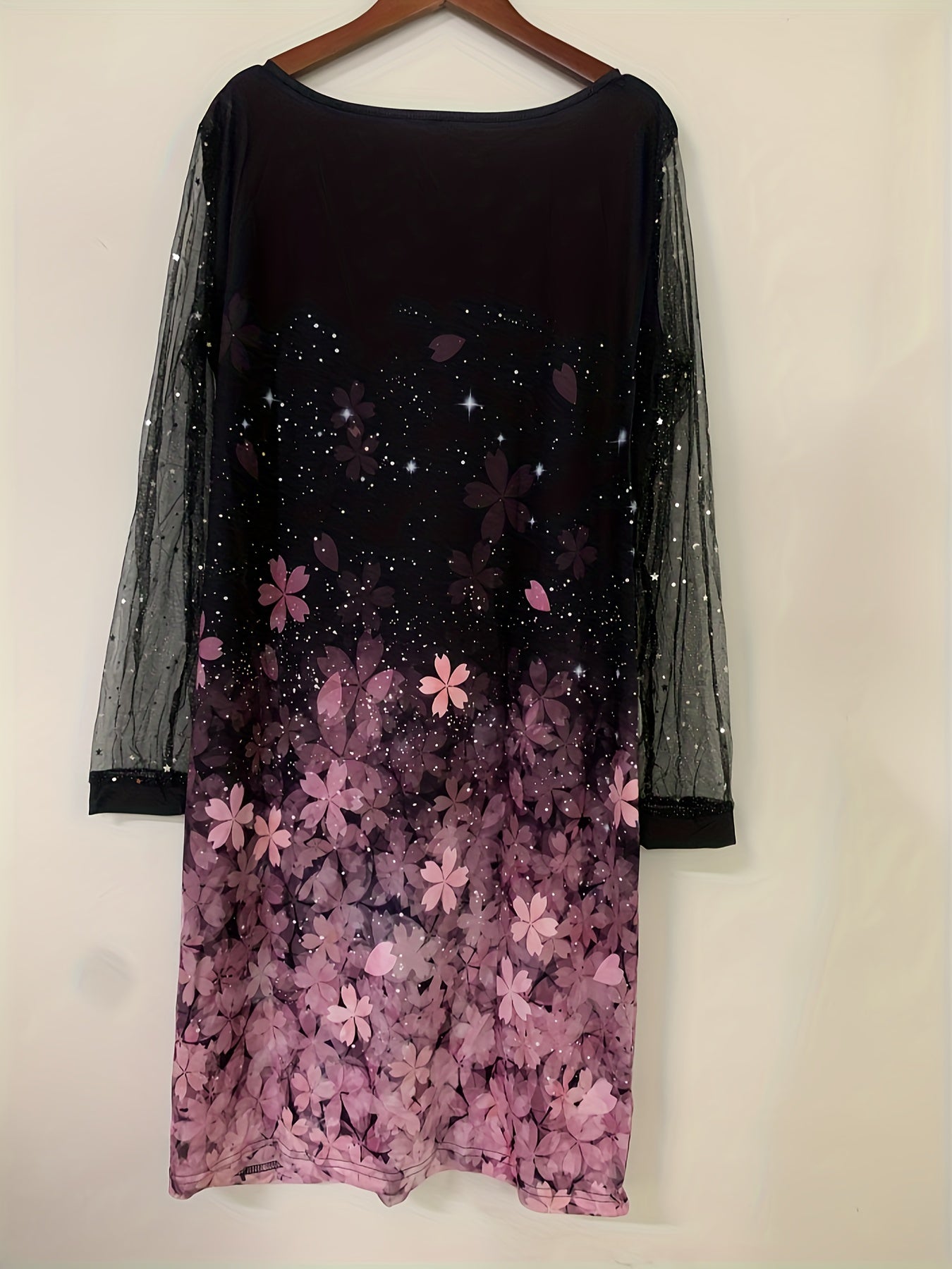  Floral Print Mesh Sleeve V Neck Dress