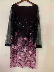  Floral Print Mesh Sleeve V Neck Dress