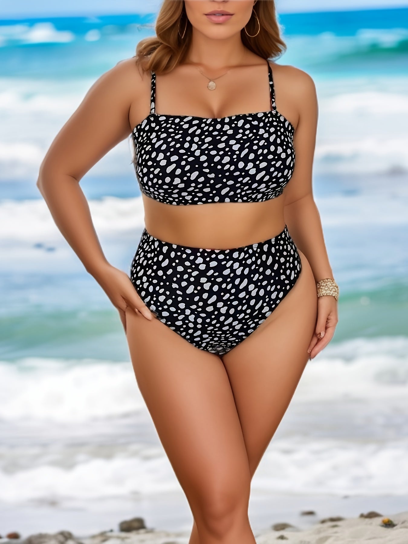 Polka Dot Plus Size Bikini Set - Square Neck Bra & Panty Swimsuit