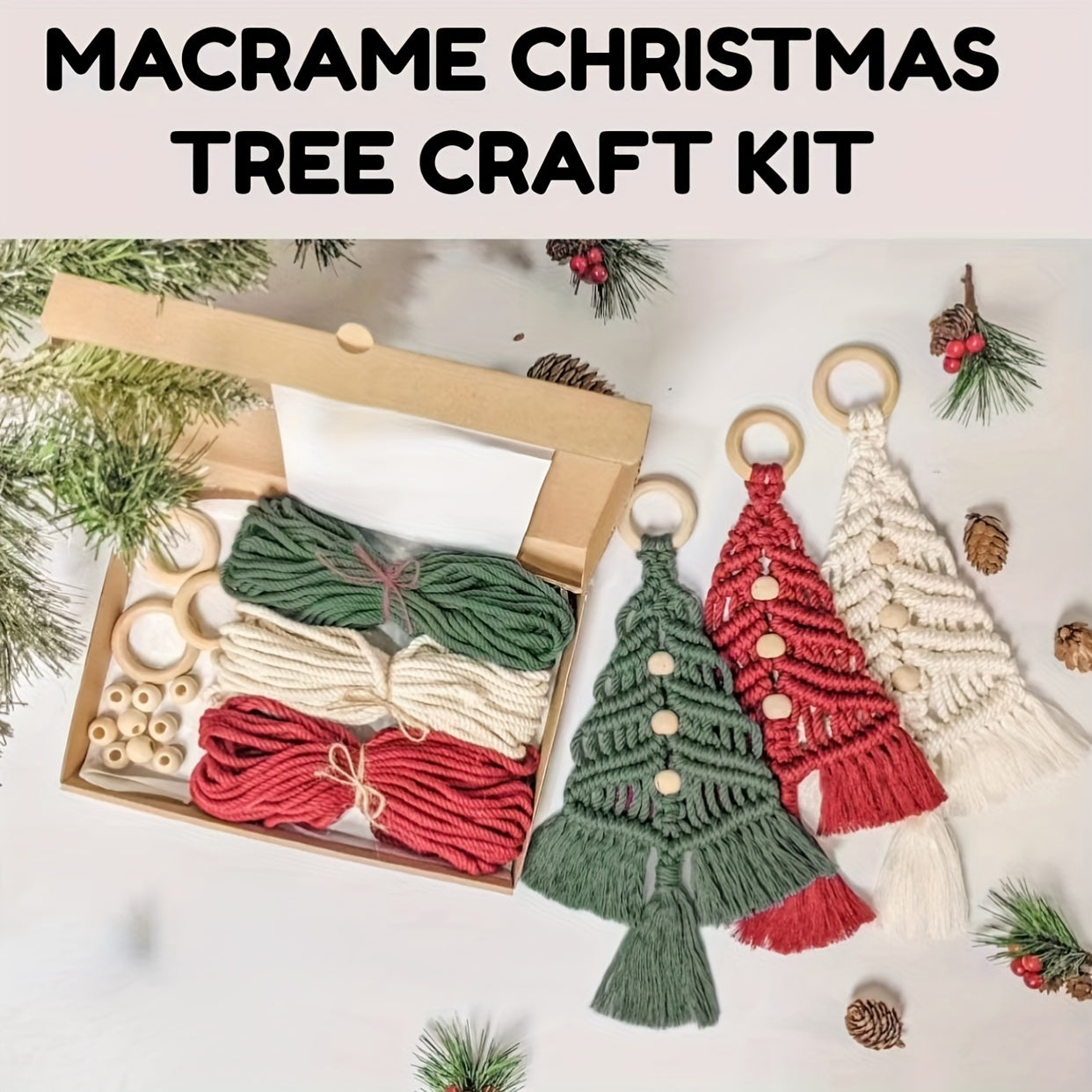 3pcs Woven Christmas Tree Decoration DIY Set Cotton Rope Wall Door Window Decor
