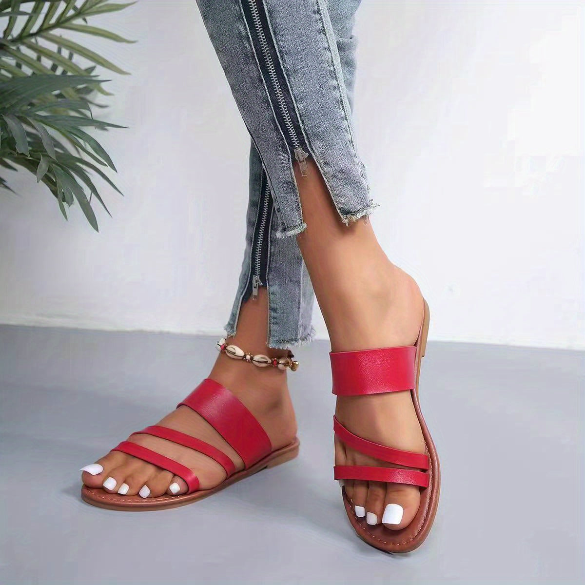 Women's Casual Flat Slides Open Toe Faux Leather Slide Sandals