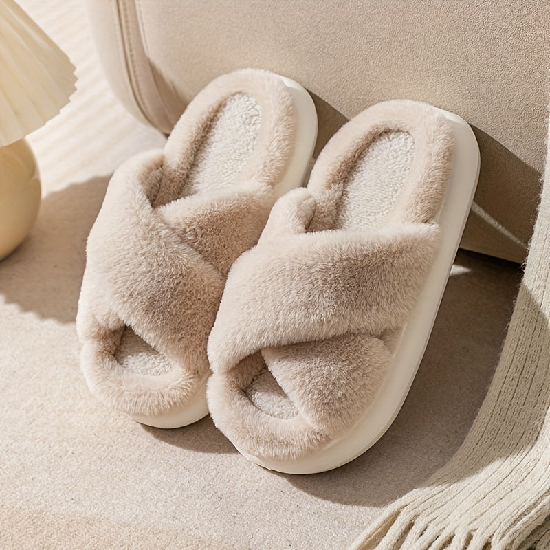 Women's Criss Cross Straps Plush Slippers Warm Indoor Shoes