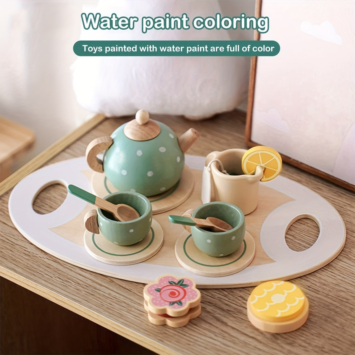 14Pcs Wooden Tea Party Set for Kids Pretend Play Kitchen Accessories