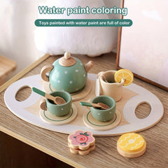 14Pcs Wooden Tea Party Set for Kids Pretend Play Kitchen Accessories