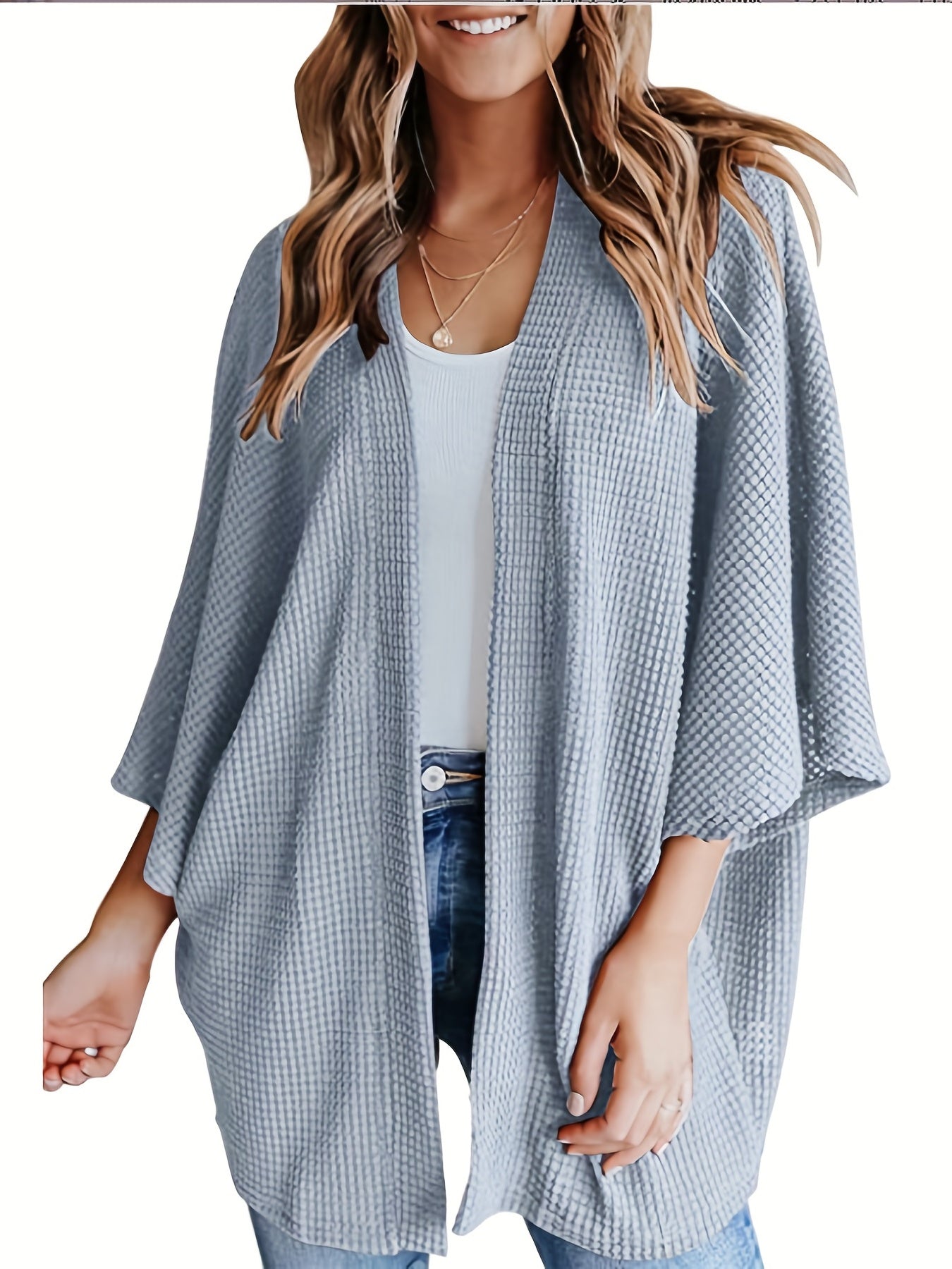  Casual Cardigan Women's Plus Waffle Pattern Bat Sleeve Open Front