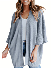  Casual Cardigan Women's Plus Waffle Pattern Bat Sleeve Open Front