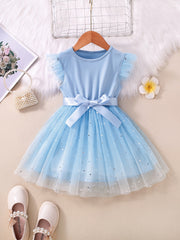 Girls Ruffled Sleeves Stars Mesh Princess Dress For Party