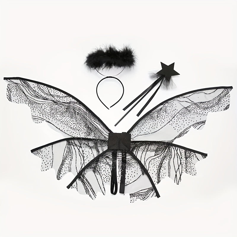 Sequined Butterfly Wings Headband Wand Costume for Halloween Masquerade Parties