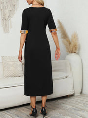 Plaid Print Splicing Dress Casual Crew Neck Short Sleeve Summer Asymmetrical Dre