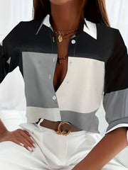  Colorblock Grid Print Button Up Blouse