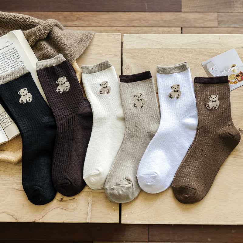 6 Pairs Cartoon Bear Print Socks Women's Mid Tube Stockings