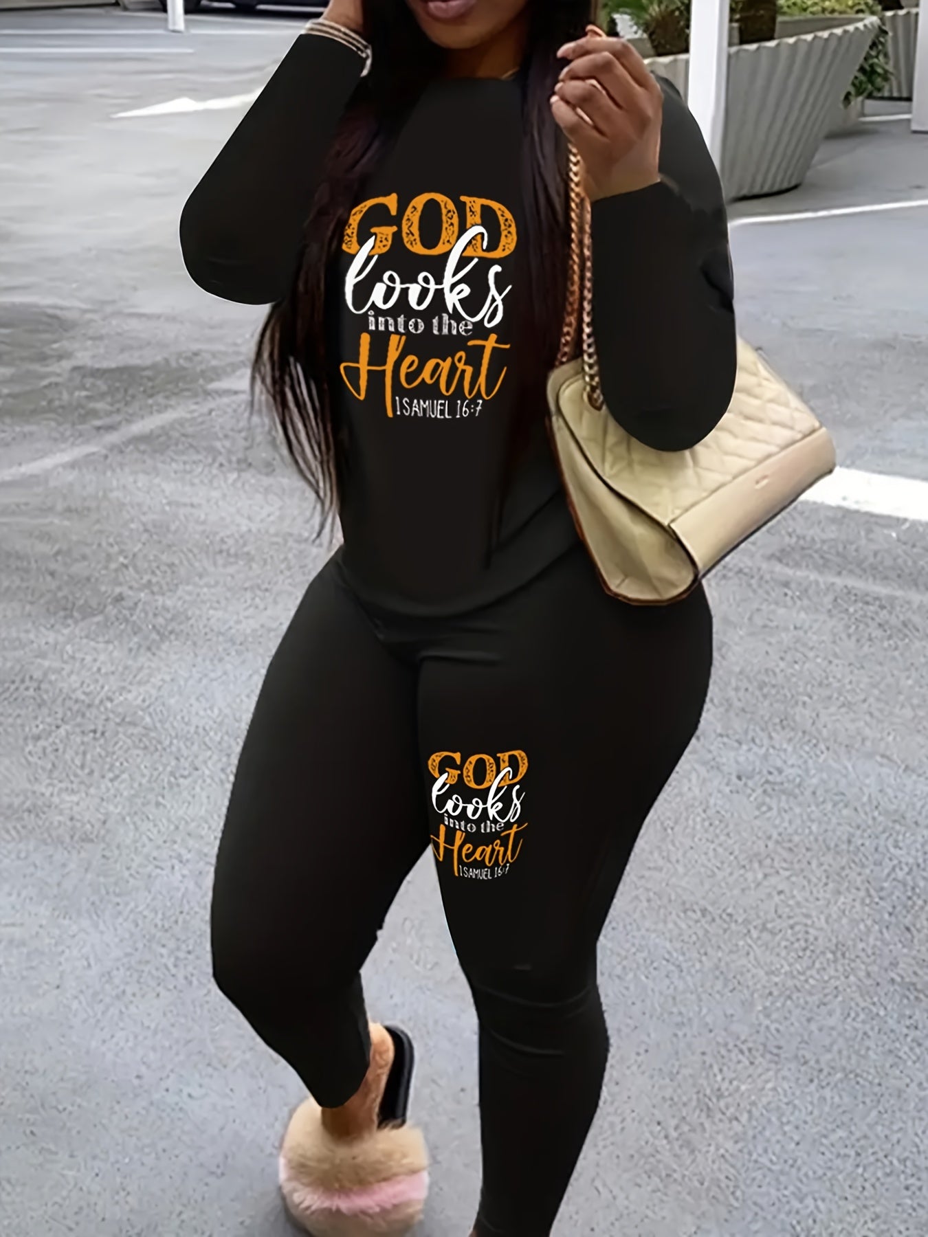 Women's Plus Slogan Print Top & Leggings Set