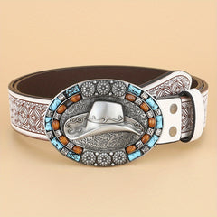 Western Cowboy Vintage Belt Embossed Leather Belt Bohemian Style Hat Buckle
