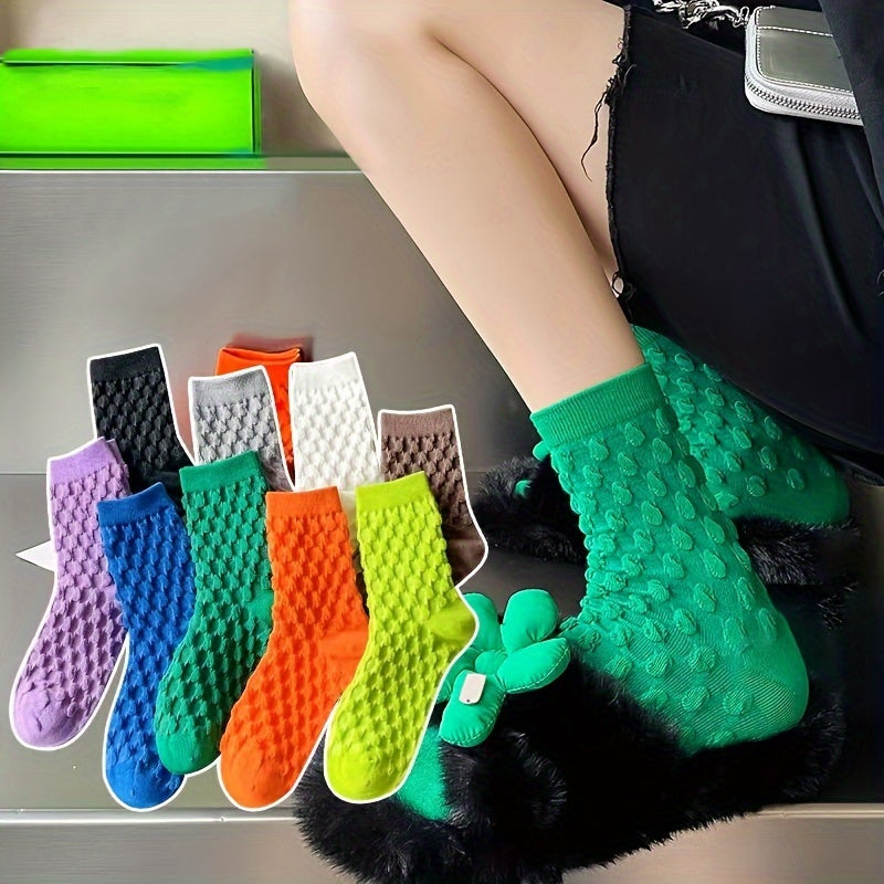 9 Pairs Textured Solid Socks Soft Mid Tube Stockings & Hosiery
