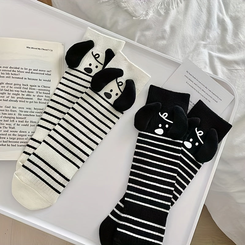 Cartoon Dog Striped Socks Women's Stockings Comfy & Mid Tube Socks