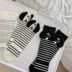 Cartoon Dog Striped Socks Women's Stockings Comfy & Mid Tube Socks