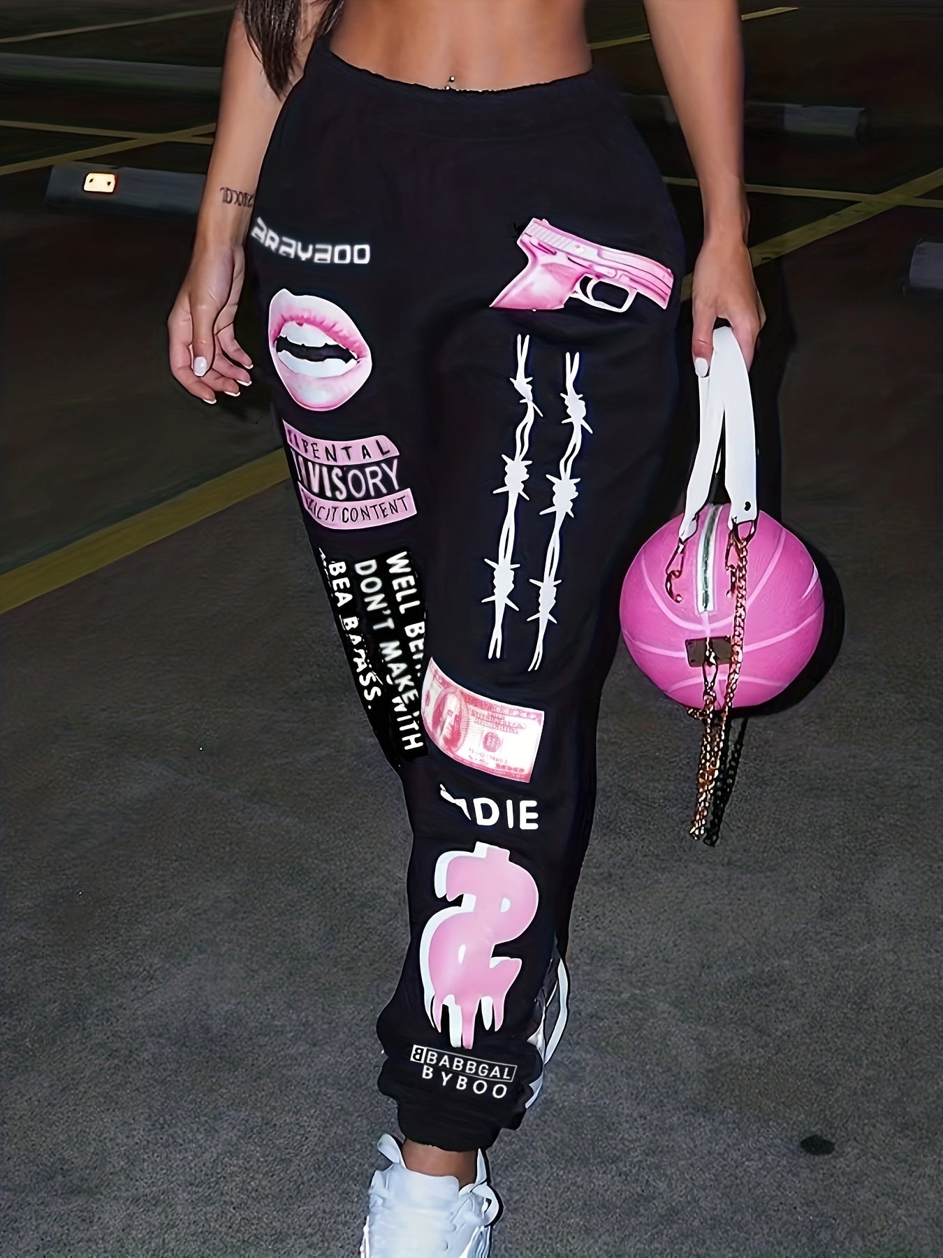  Letter Print High Rise Sweatpants Women's Plus Y2K Slight Stretch