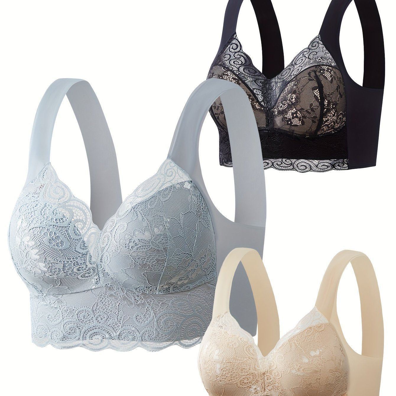 3pcs Lace Wireless Bras with Wide Straps